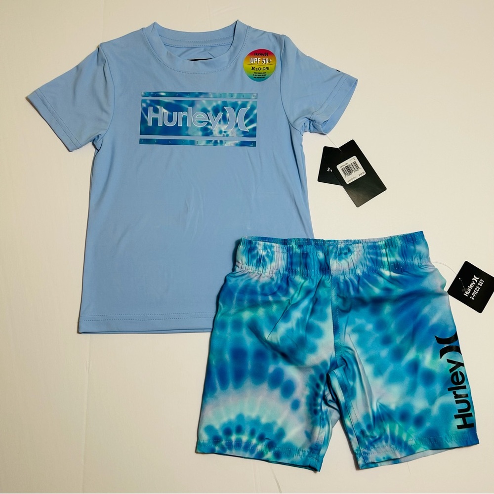 Hurley Boys UPF 50+ Rash Guard Tee & Swim Trunks Shorts Set Outfit Blue Sz 4 NWT
